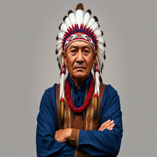 Create a dignified portrait of a Native American man dressed in traditional attire. He wears a beautifully crafted headdress adorned with white feathers and red beads, along with a beaded headband featuring intricate patterns. His clothing includes a deep blue, patterned shirt and a traditional chest piece with detailed beadwork. His arms are crossed, displaying leather armbands decorated with feathers. The background is simple and neutral, emphasizing his proud and stoic expression. The overall image captures the rich cultural heritage and strength of his persona.