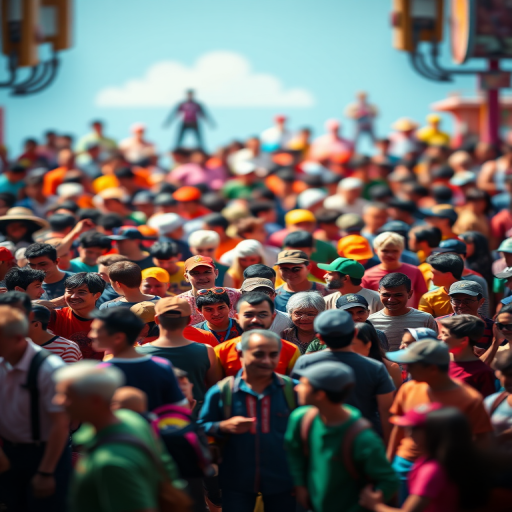 Create a vibrant and colorful pixel art scene featuring a diverse crowd of characters in various poses and interactions, captured with a Canon EOS R5, 35mm lens at f/8, ISO 100, with a focus on sharpness and depth, using a flat lay perspective to enhance the overall composition.