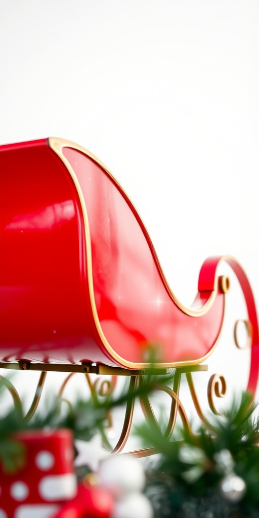 Create an image of a festive red sleigh with sparkles against a soft white background, using a DSLR camera with a 50mm lens, aperture set to f/2.8, ISO 100, shot in natural light from a low angle view for enhanced depth and clarity.