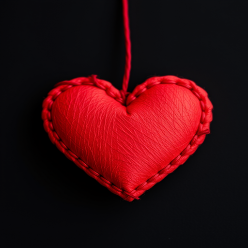 Create a high-resolution image of a red stitched heart on a black background, using a DSLR camera with a 50mm lens, aperture f/2.8, ISO 100, and a shallow depth of field for a soft background blur.