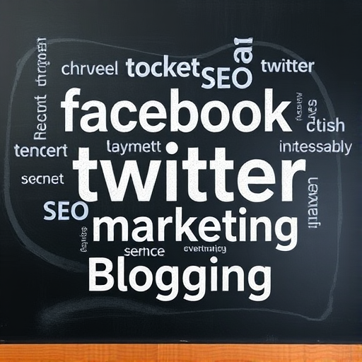 Create an image of a word cloud featuring terms like Facebook, Twitter, SEO, Internet Marketing, and Blogging on a chalkboard background, using a Canon EOS R5 camera, RF 24-105mm f/4L IS USM lens, f/5.6 aperture, ISO 100, and 1/60s shutter speed for enhanced clarity and rich colors, with a focused composition.