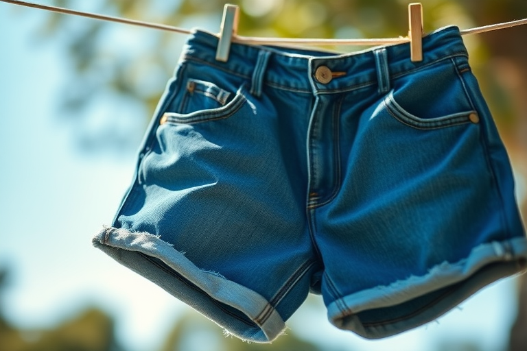 Capture a close-up shot of blue denim shorts hanging on a clothesline in natural light using a DSLR camera with a shallow depth of field, aperture set to f/2.8, ISO 100, and a focal length of 50mm with a slightly tilted angle to create a dynamic perspective.