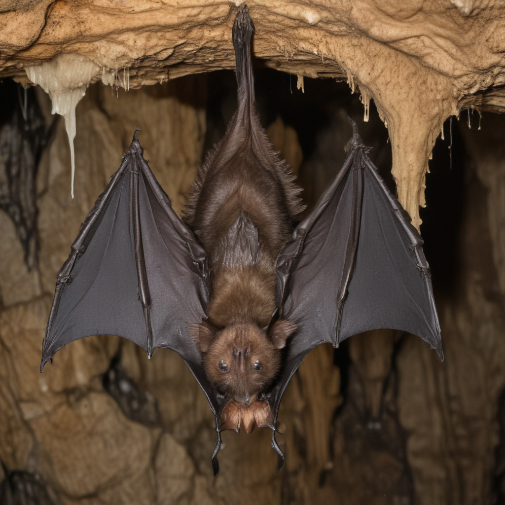 a bat hanging upside down from a cave with stalactites growing from the ...