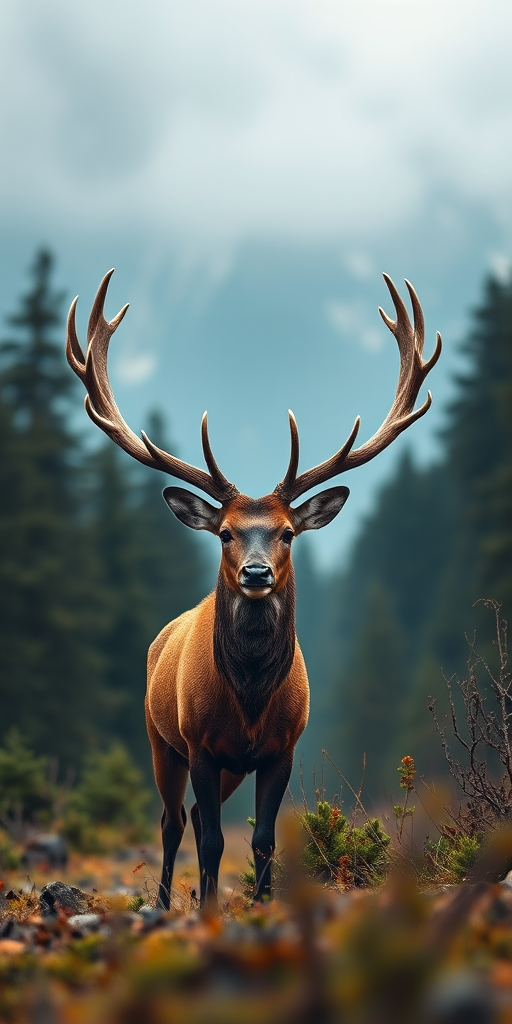 Create a realistic portrait of a majestic stag standing in a misty forest with mountains in the background, using a DSLR camera with a 50mm lens, f/2.8 aperture, ISO 100, and a shallow depth of field to enhance details and create a soft background blur.