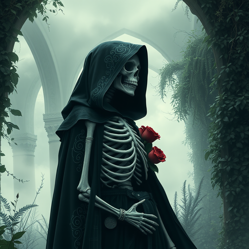 Create an ultra-detailed fantasy illustration of a skeletal figure in a dark hooded cloak, adorned with intricate patterns and roses, standing in an eerie, misty landscape with gothic arches and overgrown foliage, shot with a Canon EOS R5 at f/1.4, ISO 100, 50mm lens, using low-angle perspective and soft focus to enhance depth and style.