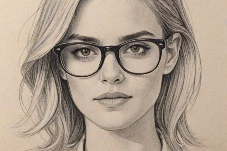 Wonderful Emily Wickersham, pencil sketch, portrait of Fetching woman 1978s in glasses, hair style beatnik, outline, clear lines, fine lines, 8k