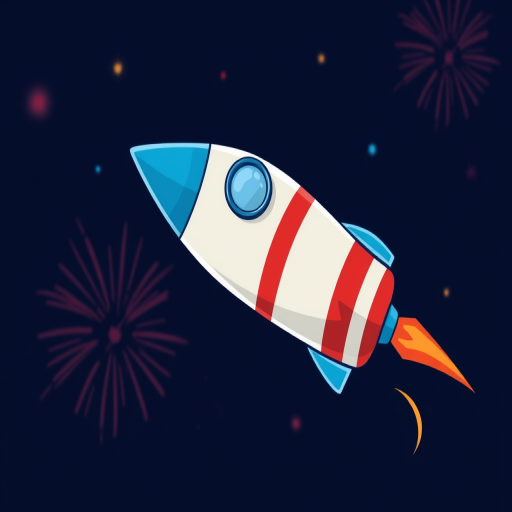 Create a vibrant illustration of a cartoon-style firework rocket with a blue pointed tip and red and white striped body, using a Canon EOS R5, 50mm lens, f/1.8 aperture, 1/200 sec shutter speed, and vibrant color palette for enhanced image quality.