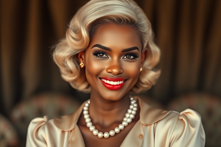 A beautiful Zulu woman reminiscent of 1950s Hollywood glamour, with perfectly styled blonde hair and a seductive smile, dressed in a satin blouse and adorned with pearls, soft and warm tones, photorealistic, 8K