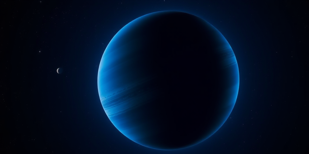 A high-resolution digital illustration of Neptune in space, showcasing its vivid blue color and faint rings, with a distant moon visible, captured using a Canon EOS R5 camera at f/8 aperture, 1/200 sec shutter speed, ISO 100, 50mm lens, in a clear night sky setting.