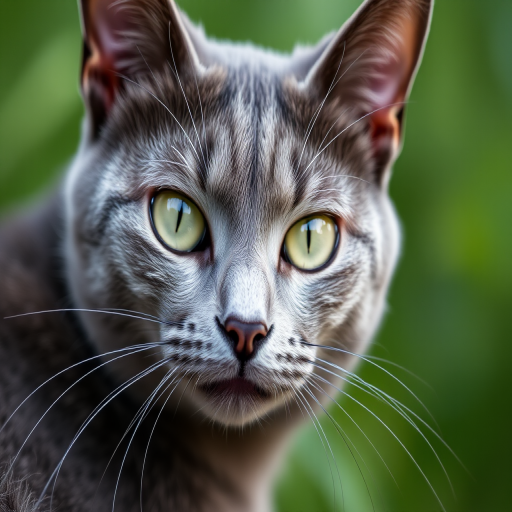 Capture a close-up portrait of a grey cat with striking green eyes and prominent whiskers, using a DSLR camera with a 50mm f/1.8 lens, aperture set to f/2.8, shutter speed 1/200s, ISO 100, natural lighting, shallow depth of field, with a blurred green background for emphasis.