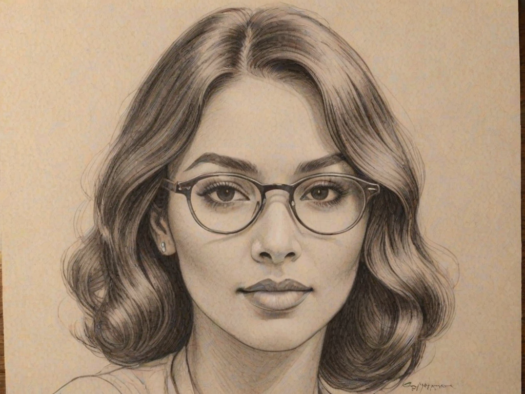 Dazzling Vanessa Bryant, pencil sketch, portrait of Attractive woman 1923s in glasses, hair style beatnik, outline, clear lines, fine lines, 8k