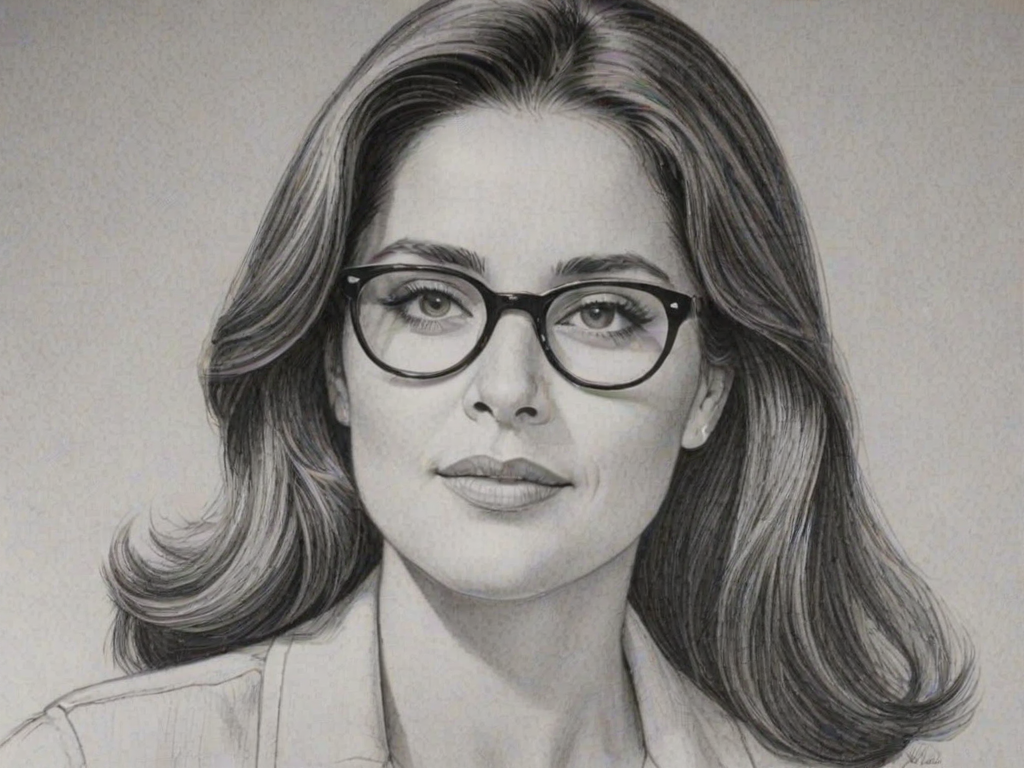 Charming Lorraine Bracco, pencil sketch, portrait of Ravishing woman 1961s in glasses, hair style beatnik, outline, clear lines, fine lines, 8k
