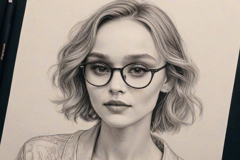 Radiant Lily-Rose Depp, pencil sketch, portrait of Fascinating woman 1925s in glasses, hair style beatnik, outline, clear lines, fine lines, 8k