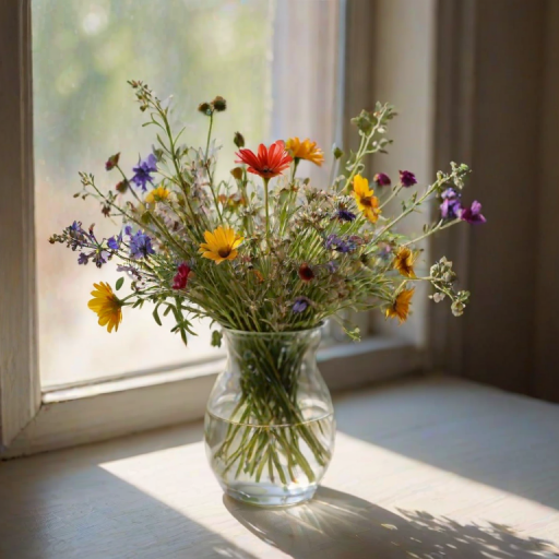 Close-up of a fresh bouquet of wildflowers in a glass vase, soft light from a nearby window illuminating the delicate petals and casting gentle shadows on the table.