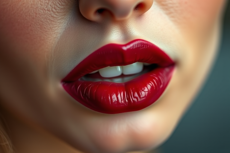 Luscious berry-stained lips with a just-bitten effect, creating a soft and romantic look, photographed in dreamy, diffused lighting for a ethereal atmosphere