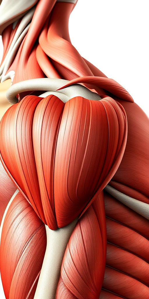 Create a detailed anatomical illustration of the human shoulder muscles with emphasis on the deltoid, using a Canon EOS R6 camera, 50mm lens at f/8, natural lighting, and a macro view to enhance image quality and clarity.