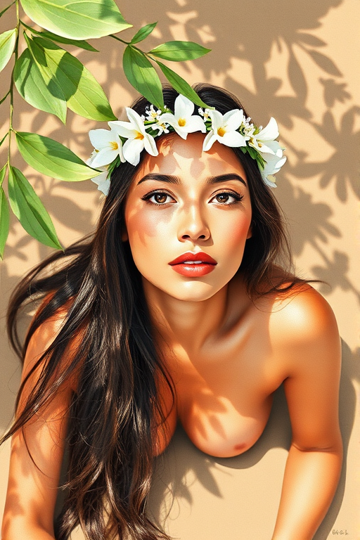 create a watercolor painting of an ethereal portrait of beautiful Guarani woman with a simple white flower crown on her head. Her hair is long and she is lying on the ground. The sunlight on the trees casts shadows from the leaves on her face and body. The background is a neutral brown color that matches her skin tone. The image is minimalist and solid colors. This style is characterized by soft, delicate brushstrokes and a light, airy, contrasting color palette. High level of detail and play of light