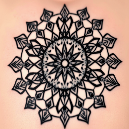 Geometric blackwork tattoo called "Sacred Symmetry" incorporating precise shapes and patterns to form a large-scale mandala design with negative space elements, creating a striking contrast on the skin