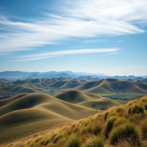 Create a high-resolution image of a serene landscape featuring rolling hills and a clear blue sky, shot with a Canon EOS R5 at 24mm, f/8, ISO 100, using a wide-angle lens for a panoramic view.