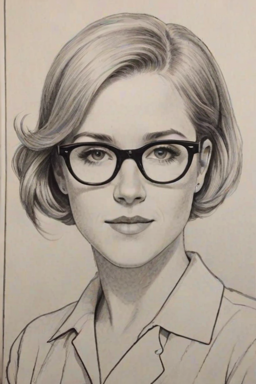 Delightful Hannah Hart, pencil sketch, portrait of Dazzling woman 1957s in glasses, hair style beatnik, outline, clear lines, fine lines, 8k