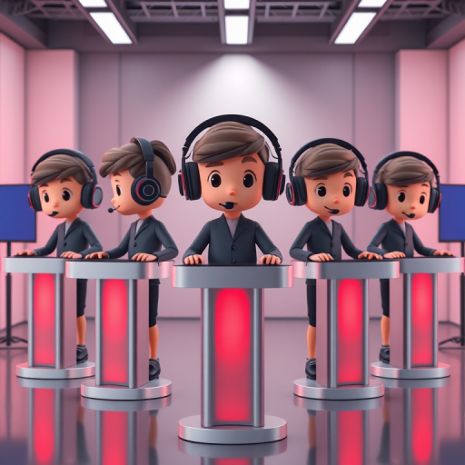 Create a 3D rendering of five cartoon-like humanoid figures wearing headphones, standing at sleek podiums in a modern studio environment, using a Canon EOS R5 with a 50mm lens at f/1.8, ISO 100, and a soft lighting setup for enhanced clarity and detail.
