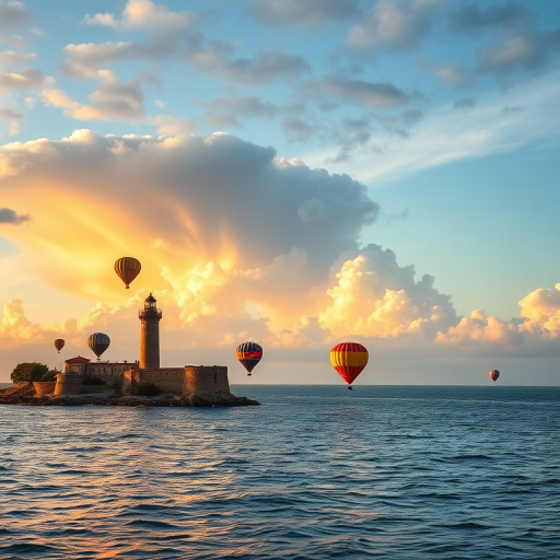 Generate an image of a serene seascape featuring colorful hot air balloons floating above the water near a historical lighthouse, with dramatic clouds in the background; use a DSLR camera with a 24mm lens, aperture set at f/8, shutter speed 1/250s, ISO 200, shot during golden hour for enhanced lighting and contrast.