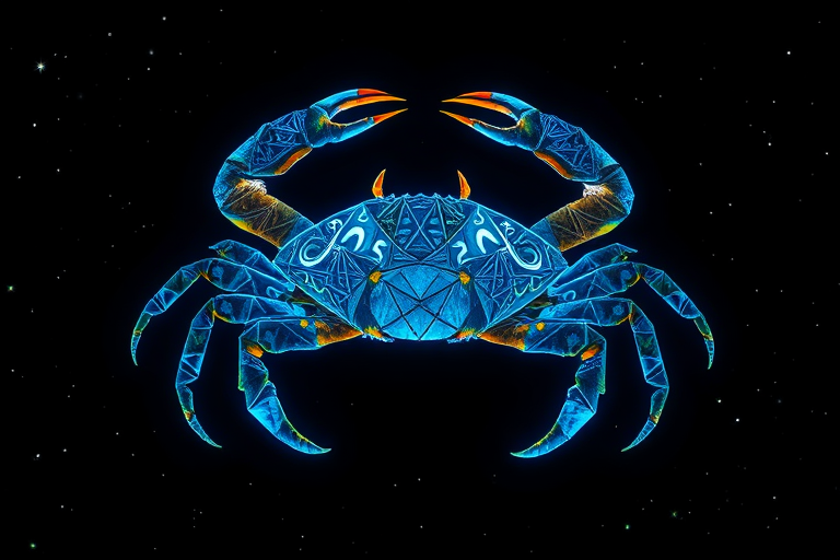 Create an intricate digital illustration of a glowing blue crab symbolizing the zodiac sign Cancer, set against a dark starry background, using a Canon EOS R5 camera with a 50mm f/1.8 lens, aperture set at f/2.8, ISO 100, and a soft-focus effect to enhance details.