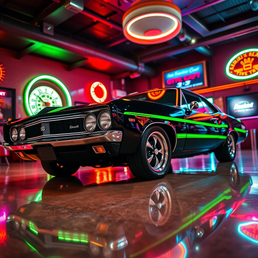 Capture a sleek black 1960s muscle car with neon green stripes in a vibrant retro nightclub, low-angle shot, f/2.8 aperture, ISO 400, 24mm lens, use a DSLR for enhanced clarity and depth of field, emphasize the reflections on the polished floor and neon lights in the background.