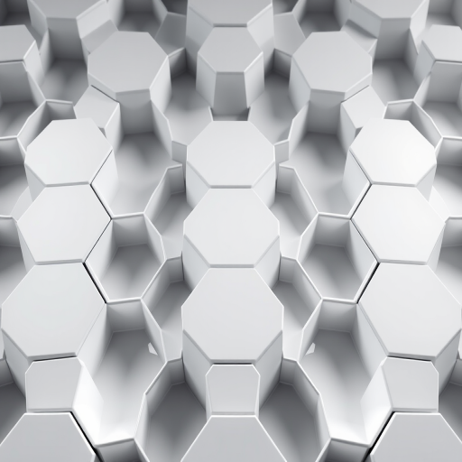 Create a high-resolution 3D rendering of a white hexagonal tile pattern with varying elevations, using a macro lens on a DSLR camera, aperture set to f/8, ISO 100, with soft diffused lighting from above to enhance shadows and highlights.