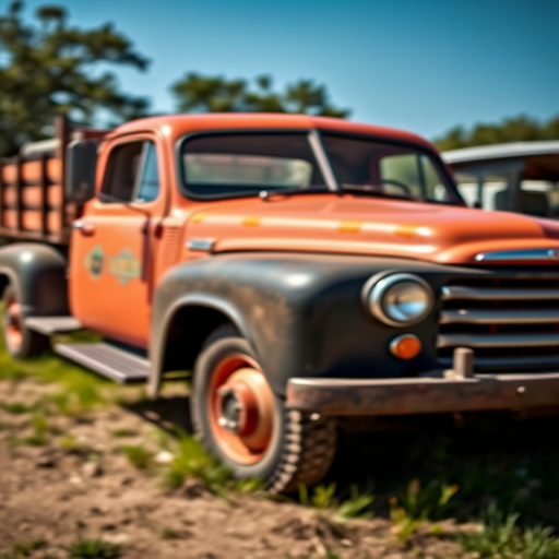 Vintage truck parked in an outdoor setting, shot with a DSLR camera, 50mm lens at f/2.8, ISO 100, natural light, shallow depth of field, highlighting the details and colors of the truck.