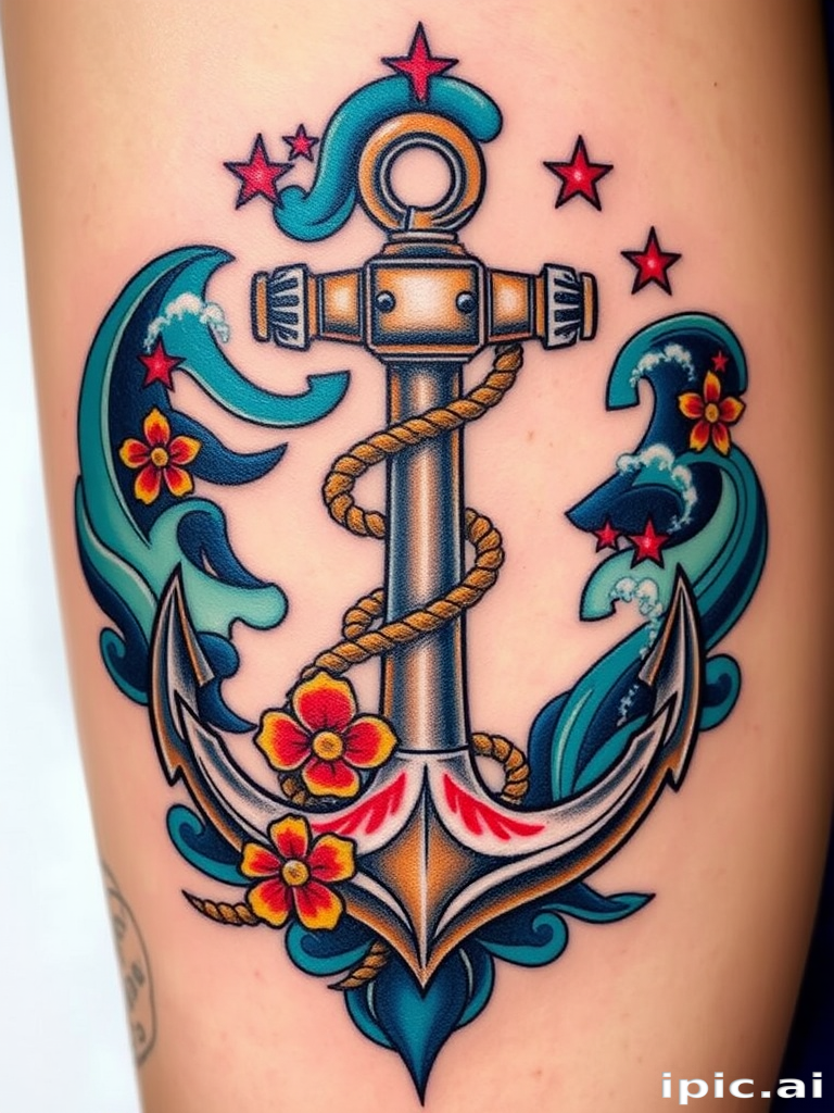 Neo-traditional anchor tattoo titled "Sea's Embrace" combining bold lines and vivid colors with a classic maritime motif. Rich shades of blue and teal create a sense of depth, while touches of red and yellow add warmth. Intricate details like rope, flowers, and nautical stars surround the anchor, creating a visually stunning piece steeped in symbolism.