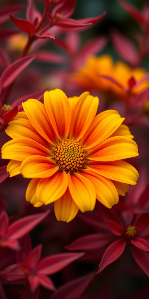 A vibrant close-up of a yellow flower with orange accents surrounded by red foliage, shot with a 50mm lens at f/2.8, ISO 200, 1/200s, using a DSLR camera in natural light for enhanced image quality.