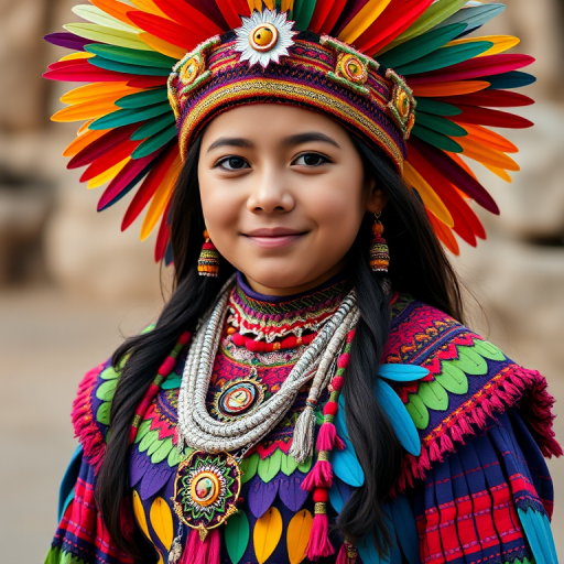 A beautiful Quechua girl, wearing colorful bird clothing with vibrant colors