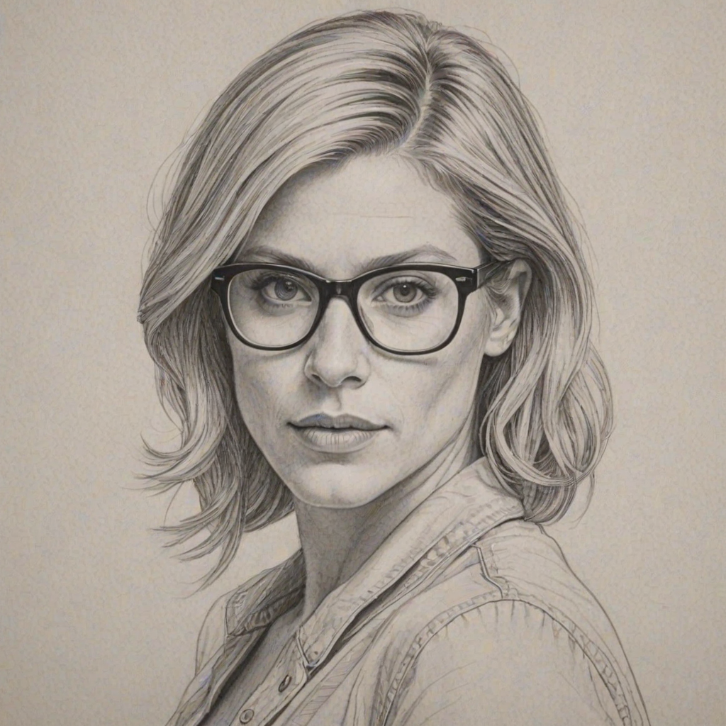 Delightful Katee Sackhoff, pencil sketch, portrait of Fascinating woman 1973s in glasses, hair style beatnik, outline, clear lines, fine lines, 8k