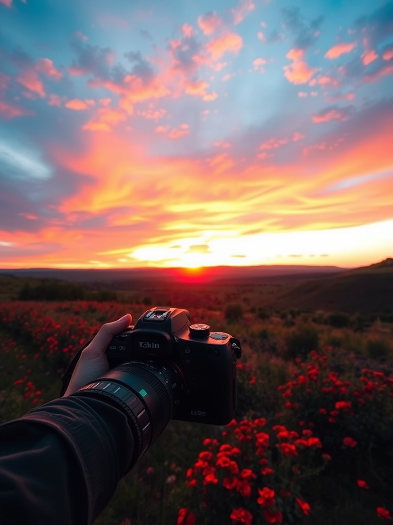 Create a vibrant landscape scene at sunset with a wide-angle view using a DSLR camera, aperture f/8, shutter speed 1/250s, ISO 100, and a focal length of 24mm to capture rich colors and details.
