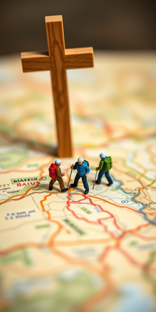 create an artistic shot of miniature hikers on a detailed map, with a wooden cross in the background, using a DSLR camera with a 50mm lens, aperture set to f/2.8 for a shallow depth of field, ISO 100 for clarity, and a 1/60 shutter speed to capture fine details, with a macro perspective to enhance the texture of the map and the figures.
