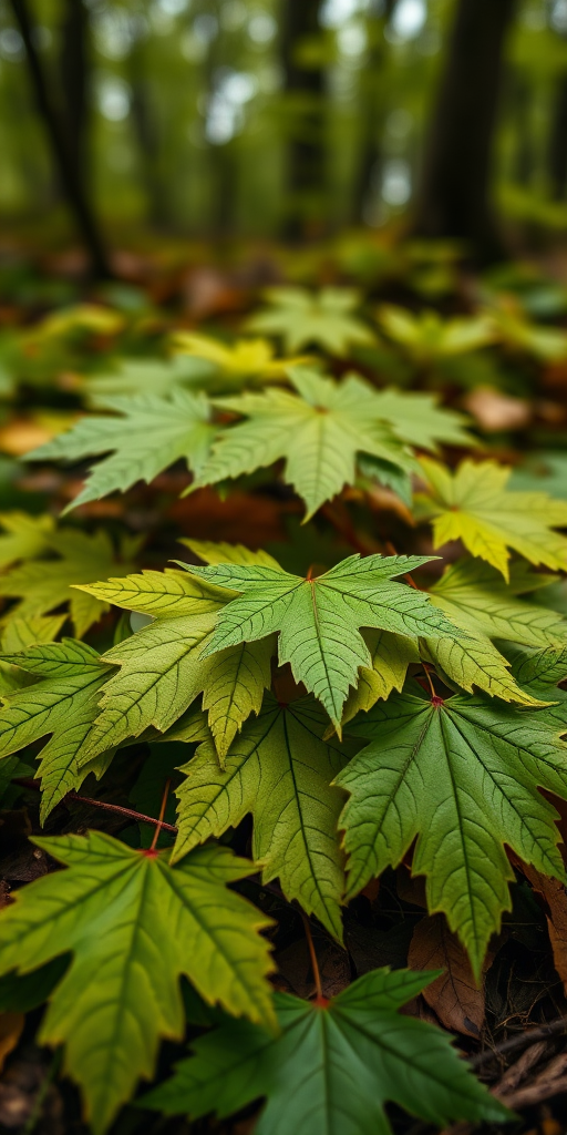 high-resolution image of overlapping green maple leaves on the forest floor, macro view, shallow depth of field, f/2.8 aperture, 50mm lens, natural light, DSLR camera