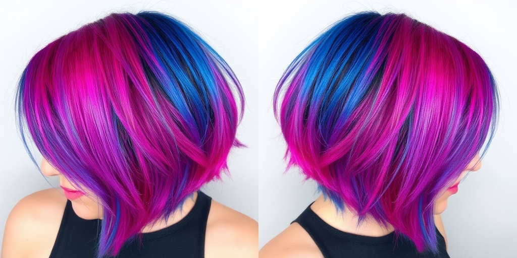 Eccentric hair style presenting a multi-colored split dye with half vibrant magenta and half electric blue on a medium-length shag cut