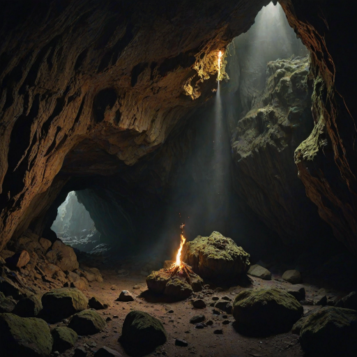 A lit torch standing in the foreground, casting a bright flame illuminating a dark cavernous space; rocky cave environment with natural light filtering through irregularly shaped openings on the ceiling, revealing glimpses of the sky and vegetation outside; moss and lichen covering the cave walls, indicating a damp and seldom-visited area; mysterious and exploratory scene suggesting an explorer's search for a way out or deeper exploration into unknown territory; dominated by dark tones, emphasizing the depth and silence within the cave; high quality photorealistic image, intricate details, sharp focus, dramatic lighting.