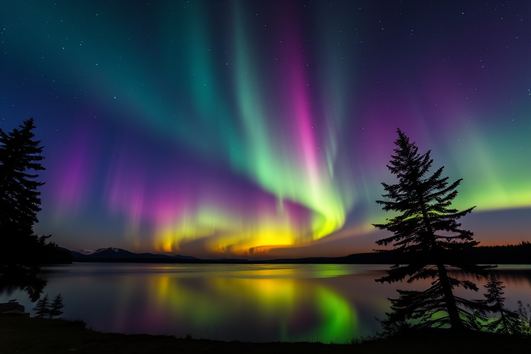 capture a stunning northern lights scene over a calm lake at dusk with vibrant green and purple auroras, using a DSLR camera with a 24mm lens, f/2.8 aperture, ISO 800, 15-second exposure, landscape orientation, set against silhouetted pine trees for contrast.