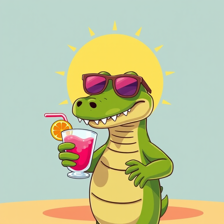 cartoon crocodile wearing sunglasses and holding a pink drink, simple background with a sun, bright colors, soft focus, camera settings: f/5.6 aperture, 1/125 shutter speed, ISO 200, camera view: close-up, camera style: playful and vibrant, camera type: digital illustration