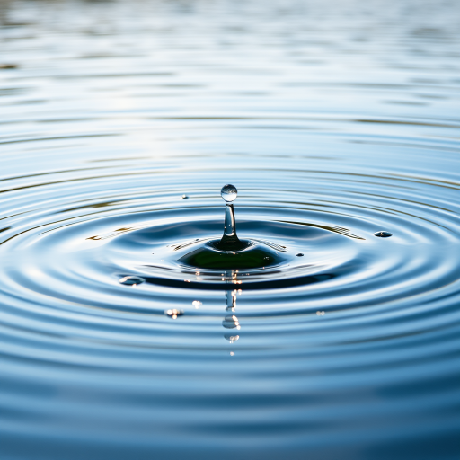 Capture a high-resolution image of a water droplet creating ripples in a serene lake, using a DSLR camera with a 50mm lens at f/2.8, shutter speed 1/1000s, ISO 200, in natural light, from a low angle to emphasize the splash and ripples in the foreground.
