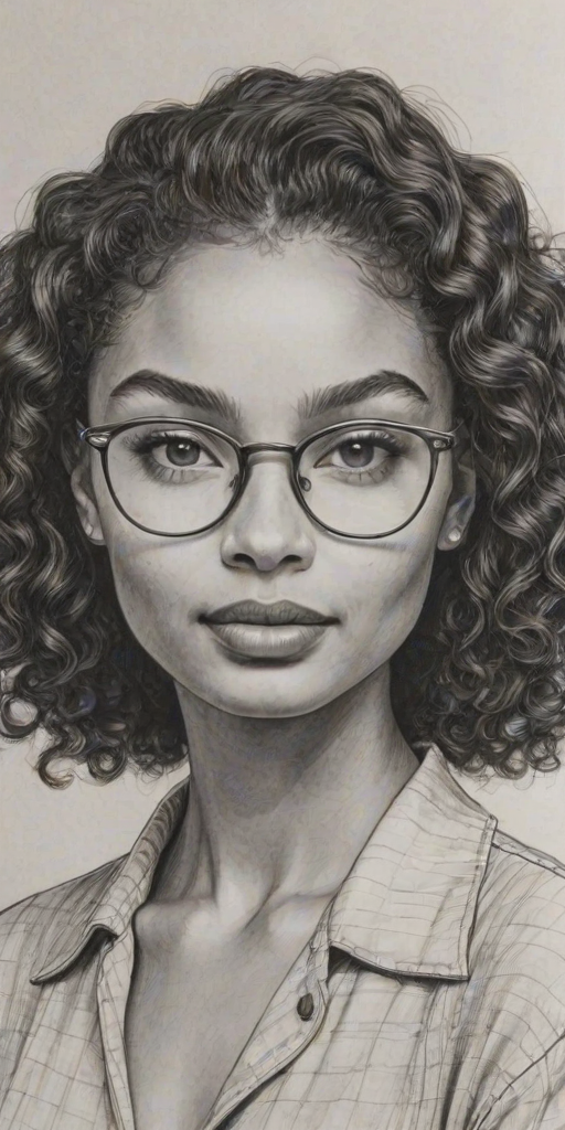 Resplendent Yara Shahidi, pencil sketch, portrait of Superb woman 1933s in glasses, hair style beatnik, outline, clear lines, fine lines, 8k