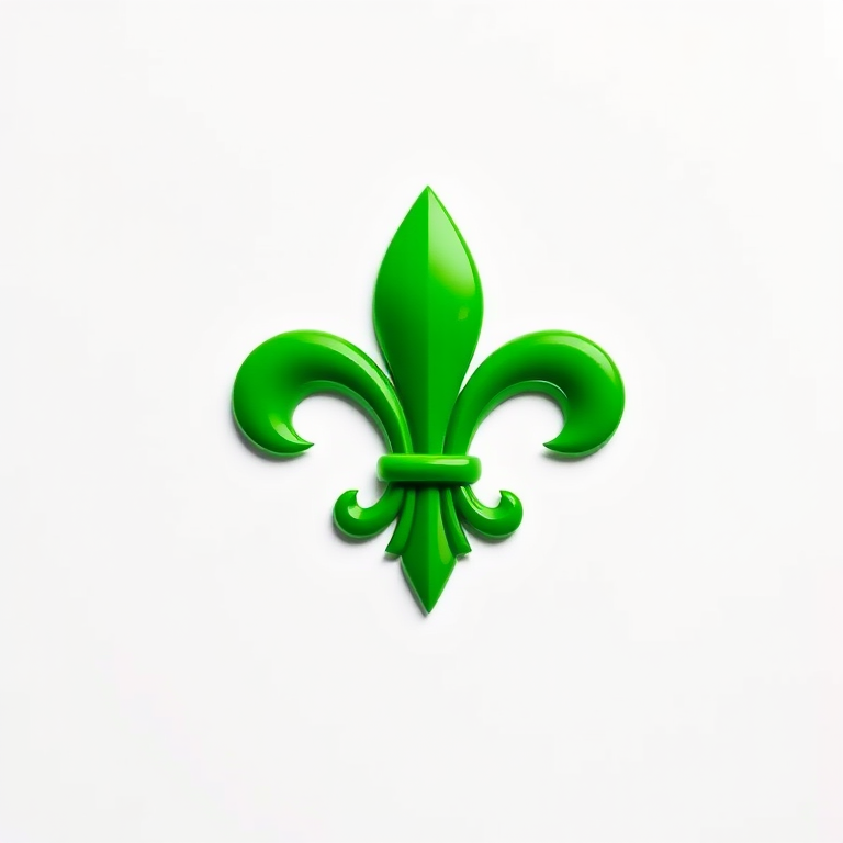 Generate an image of a vibrant green fleur-de-lis on a white background, using a DSLR camera with a 50mm lens, aperture set to f/2.8, ISO 100, and a depth of field effect for enhanced focus on the emblem.