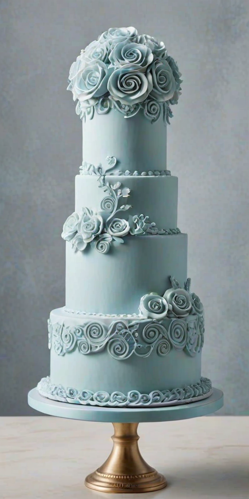 Generate a three-tiered cake with light blue frosting, featuring intricate decorations of swirls and rosettes. Include white icing accents and a smooth, elegant finish. The cake should be presented on a silver cake stand against a simple background.