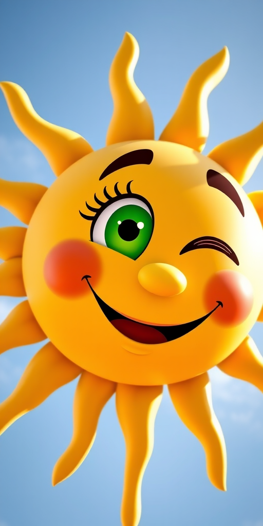Create a vibrant cartoon sun with a playful wink and a cheerful smile, featuring a bright yellow color scheme and a green eye, captured in a high-resolution digital format using a wide-angle lens at f/2.8, 24mm focal length, with natural lighting and a soft-focus background effect.