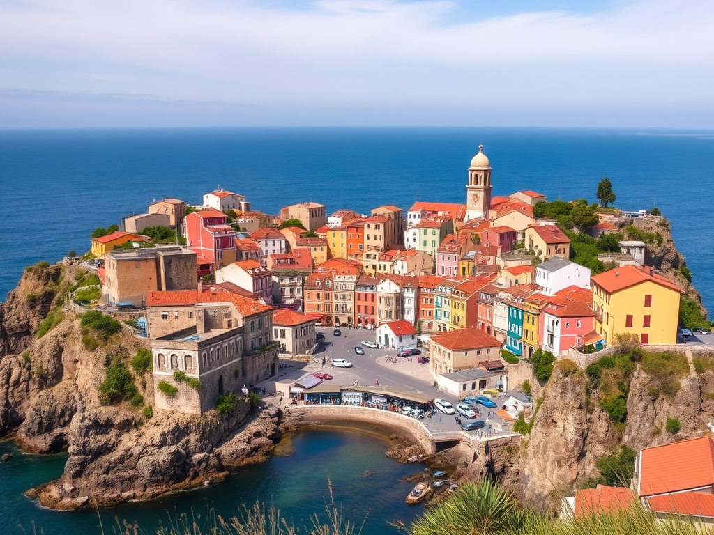 regenerate the image of a picturesque coastal town with colorful houses on the hillside overlooking a blue sea, captured with a DSLR camera, f/8 aperture, ISO 100, shutter speed 1/250s, in landscape mode, with a wide-angle lens to enhance depth and clarity