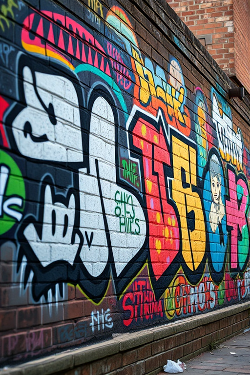 vibrant graffiti mural on a brick wall featuring abstract animal shapes and colorful patterns, taken with a DSLR camera, 50mm lens, aperture f/1.8, ISO 100, soft natural lighting, capturing a low angle view for enhanced depth and detail