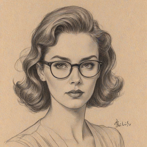 Bewitching Rebekah Graf, pencil sketch, portrait of Bewitching woman 1951s in glasses, hair style beatnik, outline, clear lines, fine lines, 8k