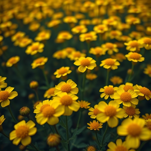 Create a vibrant close-up of a field of hexagonal-shaped yellow flowers against a dark background, using a Canon EOS R5 with a 50mm f/1.2 lens, aperture set to f/2.8, ISO 100, and a shutter speed of 1/200s for enhanced clarity and depth of field.